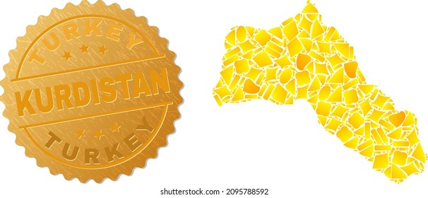 Golden mosaic of yellow particles for Kurdistan map, and golden metallic Turkey Kurdistan stamp. Kurdistan map composition is made of random gold particles.