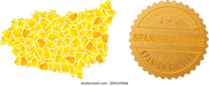 Golden mosaic of yellow particles for Leon Province map, and golden metallic Spanish Cuisine stamp. Leon Province map mosaic is created of random gold items.