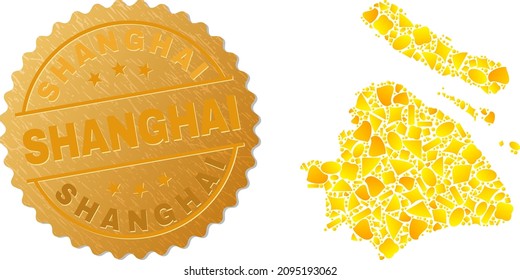 Golden mosaic of yellow particles for Shanghai City map, and gold metallic Shanghai seal. Shanghai City map mosaic is made of scattered gold parts.