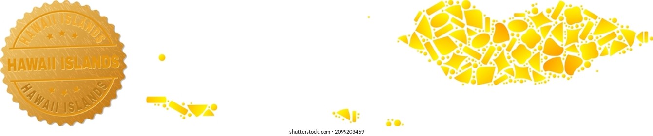 Golden mosaic of yellow particles for Socotra Archipelago map, and gold metallic Hawaii Islands badge. Socotra Archipelago map mosaic is constructed from random gold particles.