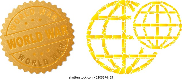 Golden mosaic of yellow particles for space globes icon, and golden metallic World War seal. Space globes icon mosaic is created of random golden.