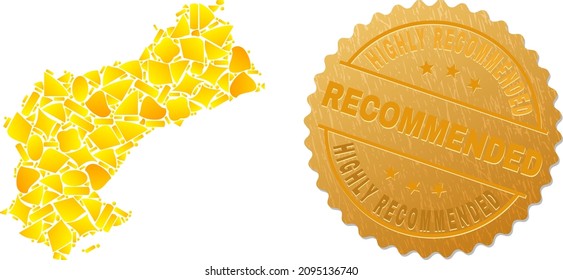 Golden mosaic of yellow particles for Tarragona Province map, and gold metallic Highly Recommended stamp seal. Tarragona Province map mosaic is organized with scattered gold spots.