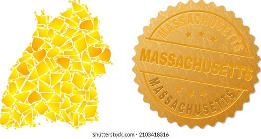 Golden mosaic of yellow parts for Baden-Wurttemberg Land map, and golden metallic Massachusetts seal print. Baden-Wurttemberg Land map collage is designed of scattered golden elements.