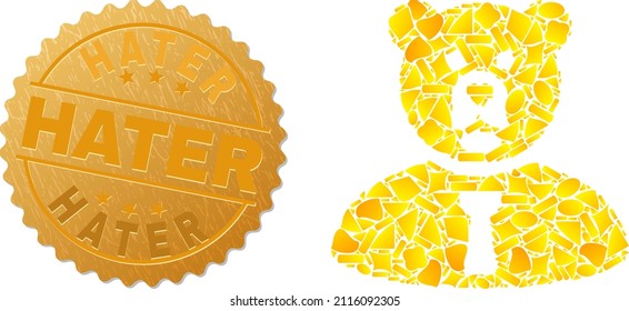 Golden mosaic of yellow parts for bear manager icon, and golden metallic Hater stamp seal. Bear manager icon collage is formed of scattered golden parts.
