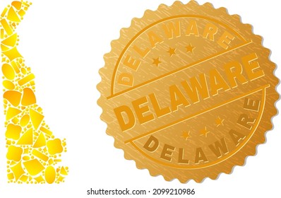 Golden mosaic of yellow parts for Delaware State map, and golden metallic Delaware seal. Delaware State map mosaic is composed of random gold.