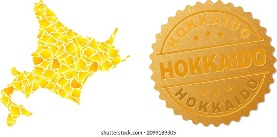 Golden mosaic of yellow parts for Hokkaido map, and golden metallic Hokkaido watermark. Hokkaido map mosaic is composed of randomized golden parts.