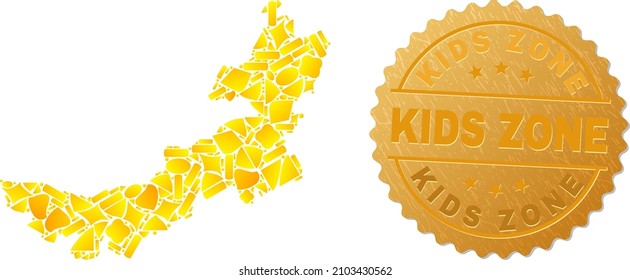 Golden mosaic of yellow parts for Inner Mongolia map, and golden metallic Kids Zone seal. Inner Mongolia map collage is designed from randomized golden parts.