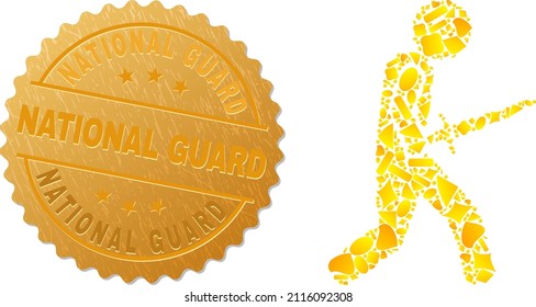 Golden Mosaic Of Yellow Parts For Sword Warrior Icon, And Golden Metallic National Guard Seal. Sword Warrior Icon Collage Is Formed With Randomized Gold Parts.