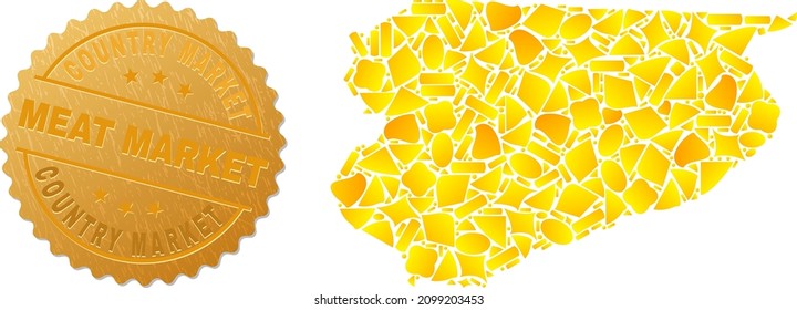 Golden mosaic of yellow parts for Warmian-Masurian Voivodeship map, and golden metallic Country Market Meat Market stamp seal. Warmian-Masurian Voivodeship map mosaic is made with randomized golden.