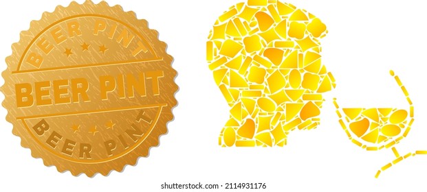 Golden Mosaic Of Yellow Parts For Wine Sommelier Icon, And Golden Metallic Beer Pint Seal. Wine Sommelier Icon Mosaic Is Made From Random Golden Parts.