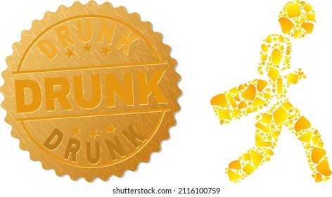 Golden mosaic of yellow parts for wine bottle courier icon, and golden metallic Drunk seal. Wine bottle courier icon mosaic is done with randomized golden.