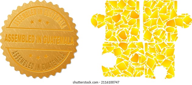 Golden mosaic of yellow for puzzle icon, and gold metallic Assembled in Guatemala seal. Puzzle icon mosaic is constructed of randomized gold particles.