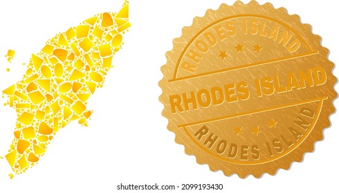 Golden mosaic of yellow for Rhodes Island map, and golden metallic Rhodes Island seal print. Rhodes Island map mosaic is created of random golden particles.