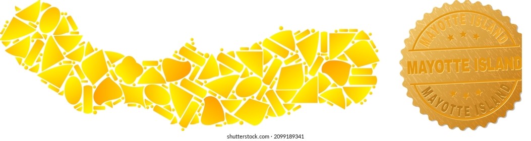 Golden mosaic of yellow for Sao Miguel Island map, and golden metallic Mayotte Island seal imitation. Sao Miguel Island map mosaic is organized of random golden parts.