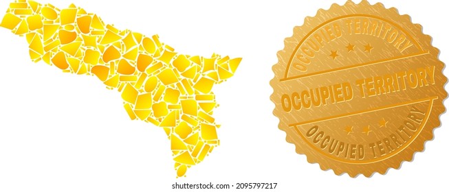 Golden mosaic of yellow spots for Abkhazia map, and golden metallic Occupied Territory seal. Abkhazia map mosaic is organized of scattered golden parts.