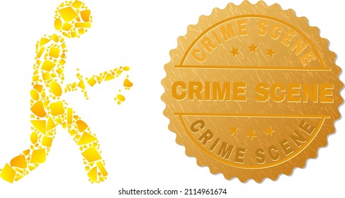 Golden Mosaic Of Yellow Spots For Bloody Knife Killer Icon, And Golden Metallic Crime Scene Stamp. Bloody Knife Killer Icon Mosaic Is Organized Of Random Golden.