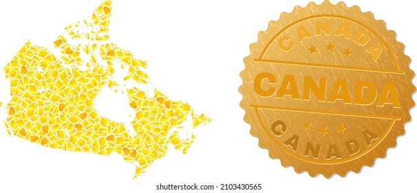 Golden mosaic of yellow spots for Canada map, and gold metallic Canada stamp seal. Canada map mosaic is designed of randomized gold.