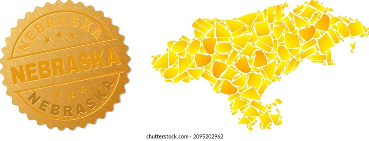 Golden mosaic of yellow spots for Cantabria Province map, and gold metallic Nebraska seal. Cantabria Province map mosaic is created with random gold spots.