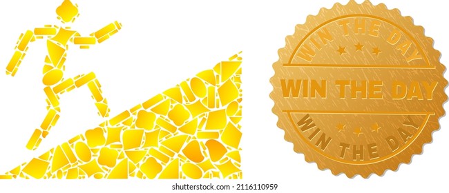 Golden mosaic of yellow spots for cliimb up icon, and golden metallic Win the Day seal imitation. Cliimb up icon mosaic is designed of scattered golden.