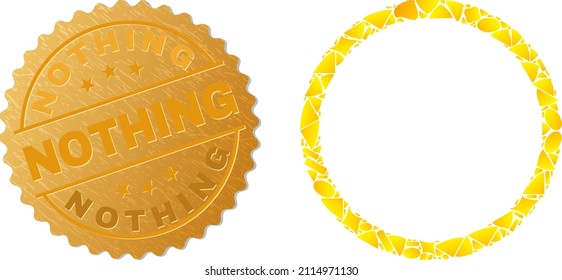 Golden mosaic of yellow spots for contour circle icon, and golden metallic Nothing stamp. Contour circle icon collage is formed from randomized golden items.