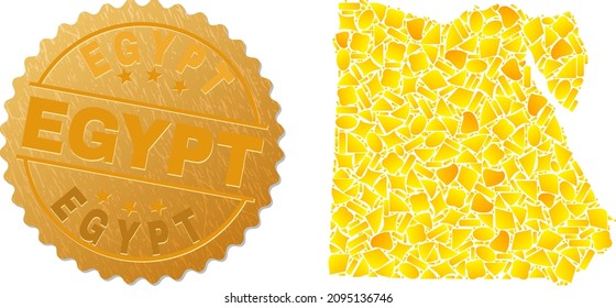 Golden mosaic of yellow spots for Egypt map, and golden metallic Egypt seal imitation. Egypt map mosaic is composed from random golden particles.