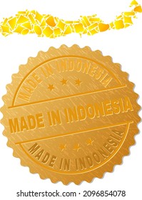 Golden mosaic of yellow spots for Flores Island of Indonesia map, and golden metallic Made in Indonesia watermark. Flores Island of Indonesia map mosaic is constructed of random golden parts.