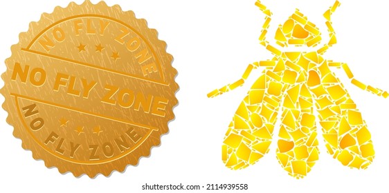 Golden mosaic of yellow spots for fly icon, and golden metallic No Fly Zone badge. Fly icon mosaic is done of random golden.