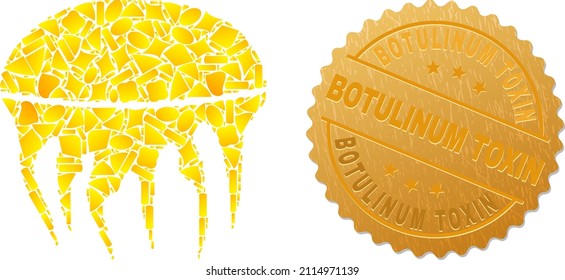 Golden mosaic of yellow spots for jelly fish icon, and golden metallic Botulinum Toxin stamp. Jelly fish icon mosaic is made of random gold elements.