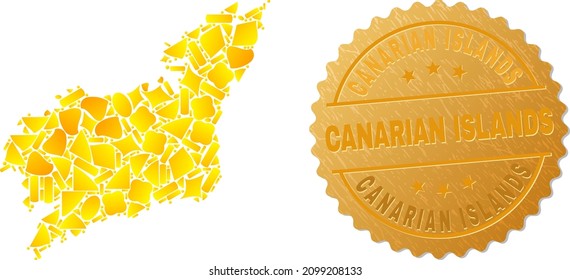 Golden mosaic of yellow spots for La Coruna Province map, and golden metallic Canarian Islands seal. La Coruna Province map composition is formed of scattered gold particles.
