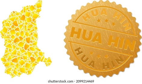 Golden mosaic of yellow spots for Lubusz Voivodeship map, and golden metallic Hua Hin watermark. Lubusz Voivodeship map mosaic is constructed of randomized gold particles.