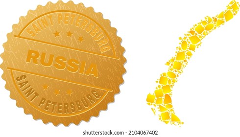 Golden mosaic of yellow spots for Novaya Zemlya Islands map, and gold metallic Saint Petersburg Russia seal imitation. Novaya Zemlya Islands map collage is constructed of random golden.