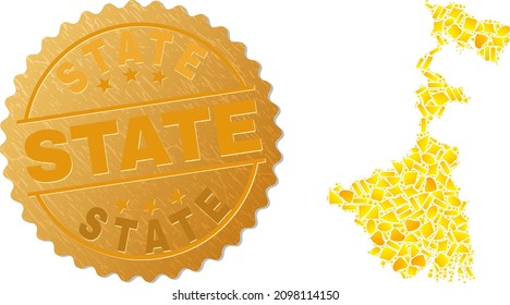 Golden mosaic of yellow for West Bengal State map, and golden metallic State stamp. West Bengal State map mosaic is designed of scattered golden.
