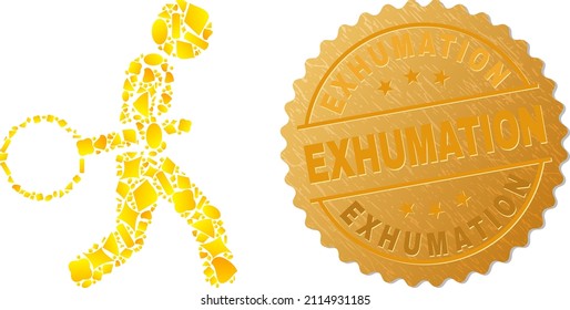 Golden mosaic of yellow for zoom glass robber icon, and gold metallic Exhumation stamp. Zoom glass robber icon mosaic is designed of randomized gold particles.