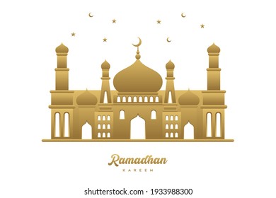 golden mosque cartoon vector illustration, Ramadan Kareem Greeting Card. Gold mosque, crescent moon, gold star on white background.