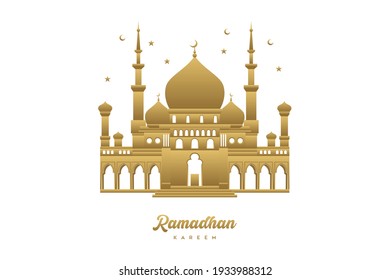 golden mosque cartoon vector illustration, Ramadan Kareem Greeting Card. Gold mosque, crescent moon, gold star on white background.