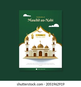 A golden mosque design for Mawlid an Nabi greeting on poster template