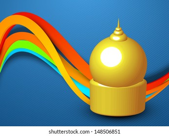 Golden mosque design on colorful waves background for Muslim community festival Eid Mubarak.