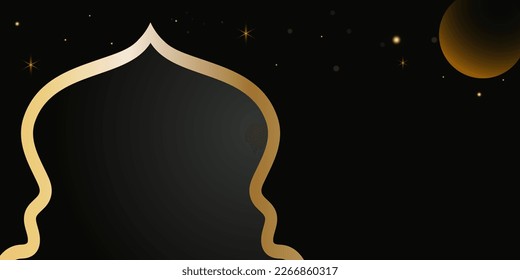 Golden mosque dome frame with full moon and star sprinkles with copy space for text. banners for celebration of islamic banners like eid al adha, fitr, ramadhan, etc.