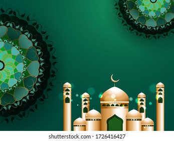 Golden mosque and floral pattern on green background. Islamic holy month Ramdan Kareem or festival Eid Mubarak concept.