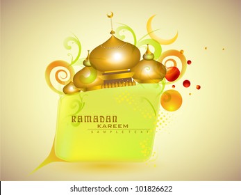 Golden Mosque or Masjid on beautiful floral background with moon and Ramadan Kareem text. EPS 10. Vector illustration.