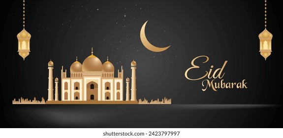 golden mosque at night eid mubarak greeting card vector poster