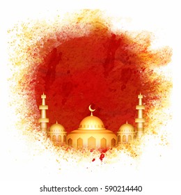 Golden Mosque on abstract background for Muslim Community Festivals celebrations.