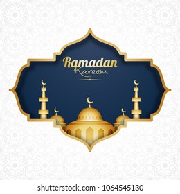 Golden mosque on blue background, Ramadan Kareem celebration concept.