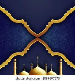 Mesquita dourada sobre fundo azul com padrão islâmico. 