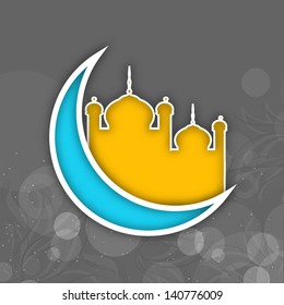 Goldene Moschee auf blauem Mond auf grauem Hintergrund für Ramadan Kareem.