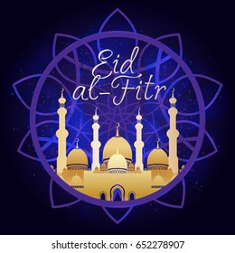 Golden mosque on colorful background for islamic Eid al-Fitr celebration. Can be used for design your website or publications and other.