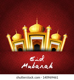 Golden mosque on red background for Eid Mubarak.