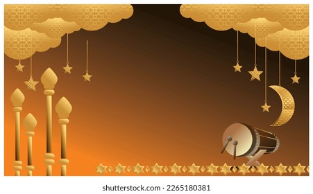 golden mosque ramadan kareem bedug golden stars golden moon golden clouds background. vector illustration