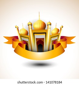 Mezquita dorada con fondo de cinta para Eid Mubarak.