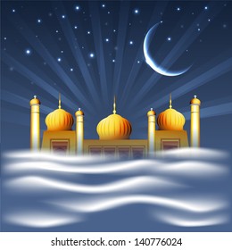 Golden Mosque in shiny moon light concept for Ramadan Kareem.
